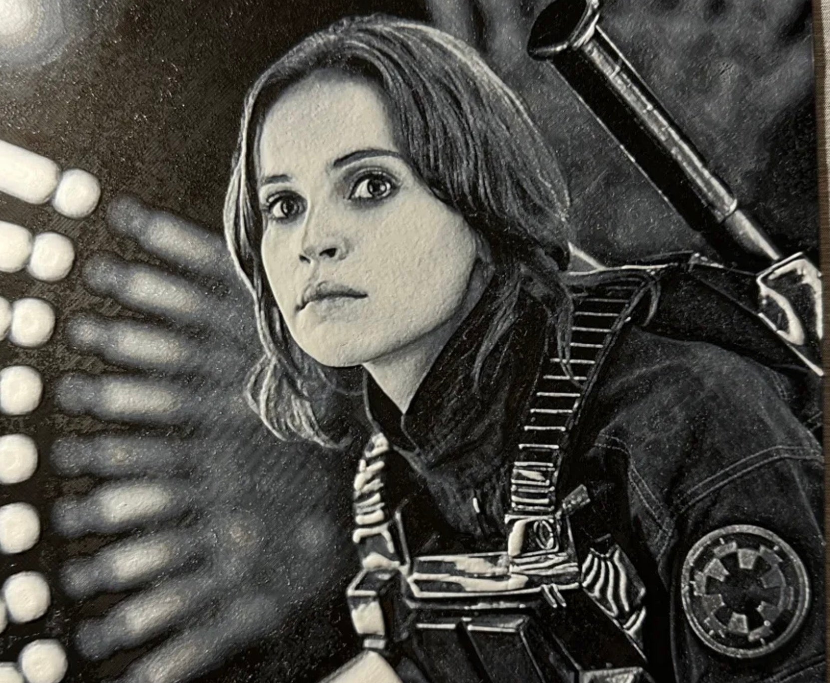 Framed 3D layered art piece featuring a sci-fi rebel heroine in grayscale.
