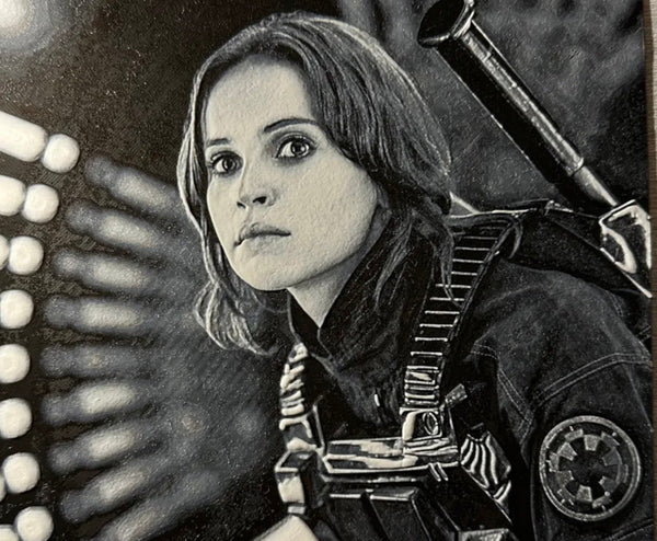 Framed 3D layered art piece featuring a sci-fi rebel heroine in grayscale.