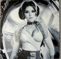 Framed 3D layered art piece featuring a striking monochrome grayscale illustration of a classic sci-fi space princess character with signature double hair buns. She is wearing a stylized tactical outfit with a vest and wrapped sleeves, looking forward confidently. The background shows a layered, high-contrast interior of a futuristic starship corridor with a circular metallic structure.