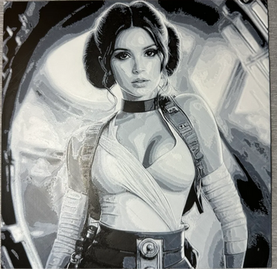 Framed 3D layered art piece featuring a striking monochrome grayscale illustration of a classic sci-fi space princess character with signature double hair buns. She is wearing a stylized tactical outfit with a vest and wrapped sleeves, looking forward confidently. The background shows a layered, high-contrast interior of a futuristic starship corridor with a circular metallic structure.