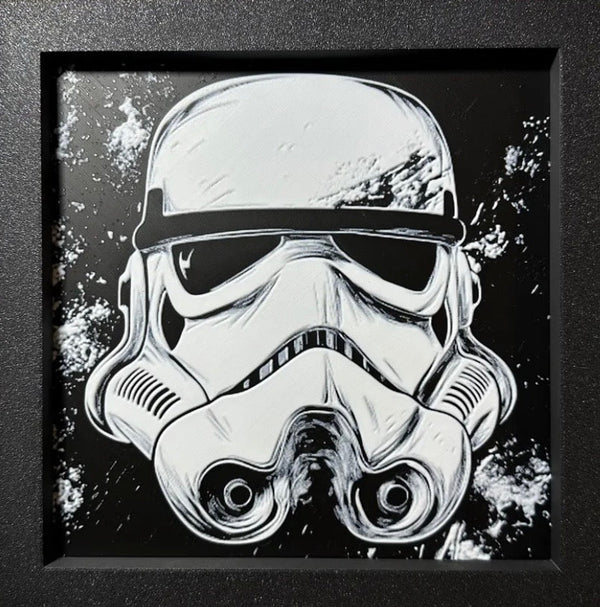 Framed 3D layered art piece featuring Sci-fi trooper layered art in grayscale palette in a black frame