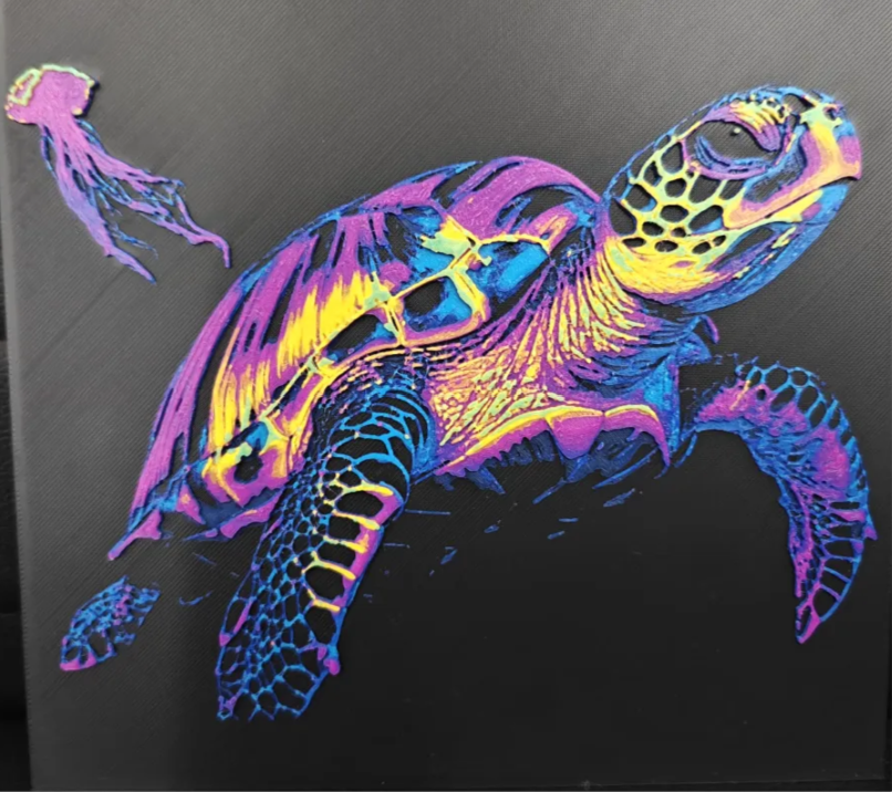 Sea turtle pop art framed layered 3D art with vibrant purple blue and yellow colors