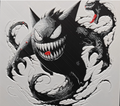 Shadow cat monster framed layered 3D art with sharp teeth, glowing eyes, swirling smoke effects, black and white contrast, and red accent details