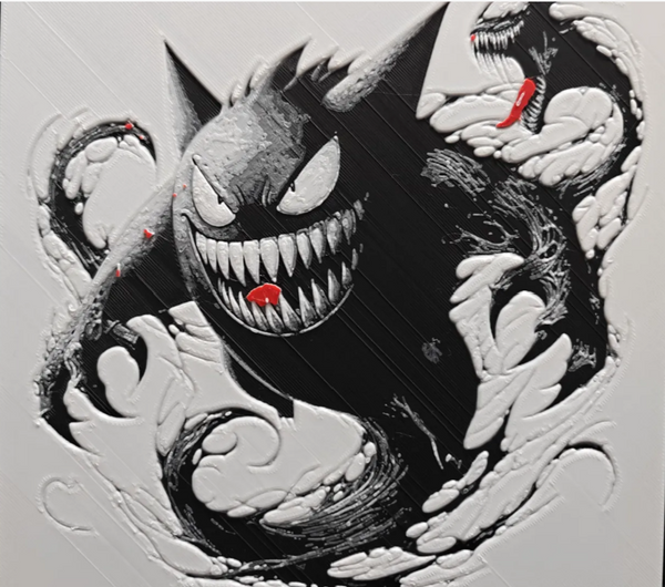 Shadow cat monster framed layered 3D art with sharp teeth, glowing eyes, swirling smoke effects, black and white contrast, and red accent details