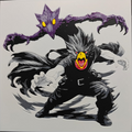 Framed 3D layered art piece from image_8d2921.png featuring a dynamic illustration of a menacing dark anime fiend monster with a red face mask, wearing a black leather outfit, flanked by sharp purple shadow energy constructs against a light background.