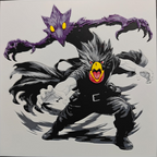 Framed 3D layered art piece from image_8d2921.png featuring a dynamic illustration of a menacing dark anime fiend monster with a red face mask, wearing a black leather outfit, flanked by sharp purple shadow energy constructs against a light background.