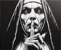 Silent nun framed layered 3D art with hooded figure, skeletal hand, black and white contrast, and horror character styling