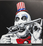 Framed 3D layered art piece from image_8d9945.png featuring a highly detailed illustration of a creepy slasher clown character wearing a patriotic stars-and-stripes top hat, holding a revolver pistol up to his chin with a sinister smile against a dark background.