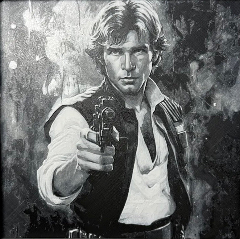 Framed 3D layered art piece featuring a smuggler hero in grayscale.