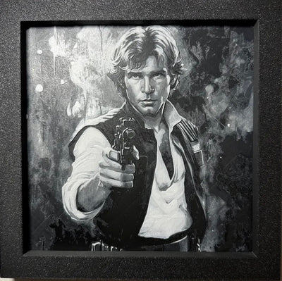 Framed 3D layered art piece featuring a smuggler hero in grayscale.