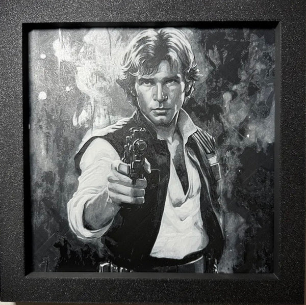 Framed 3D layered art piece featuring a smuggler hero in grayscale.
