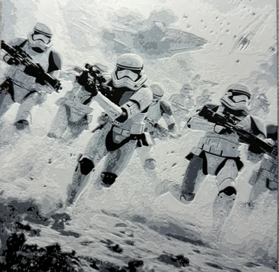 Framed 3D layered art piece featuring snow troopers in grayscale palette in a black frame
