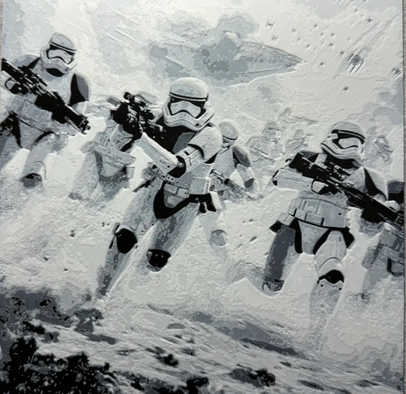 Framed 3D layered art piece featuring snow troopers in grayscale palette in a black frame