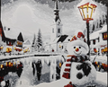 Snowman village framed layered 3D art with snowy church and glowing streetlamp