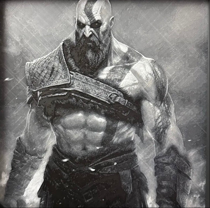Framed 3D layered art piece featuring a spartan warrior in grayscale.