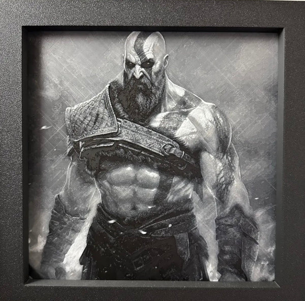 Framed 3D layered art piece featuring a spartan warrior in grayscale.
