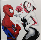 Framed 3D layered art piece featuring a dynamic illustration of two iconic arachnid superhero characters, one in red and blue and the other in white and pink, posing together.