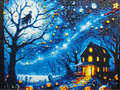 Framed 3D layered art piece featuring a vibrant night landscape with a cozy cabin glowing with warm yellow light under a deep blue starry sky and a full moon.