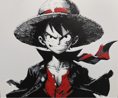 Framed 3D layered art piece featuring a bold, stylized portrait of a famous anime pirate captain wearing his iconic straw hat and red vest, looking forward with a determined expression against a light background.