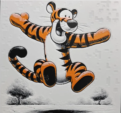 Framed 3D layered art piece featuring a cheerful cartoon tiger with orange and black stripes bouncing on its coiled tail against a light, textured background.