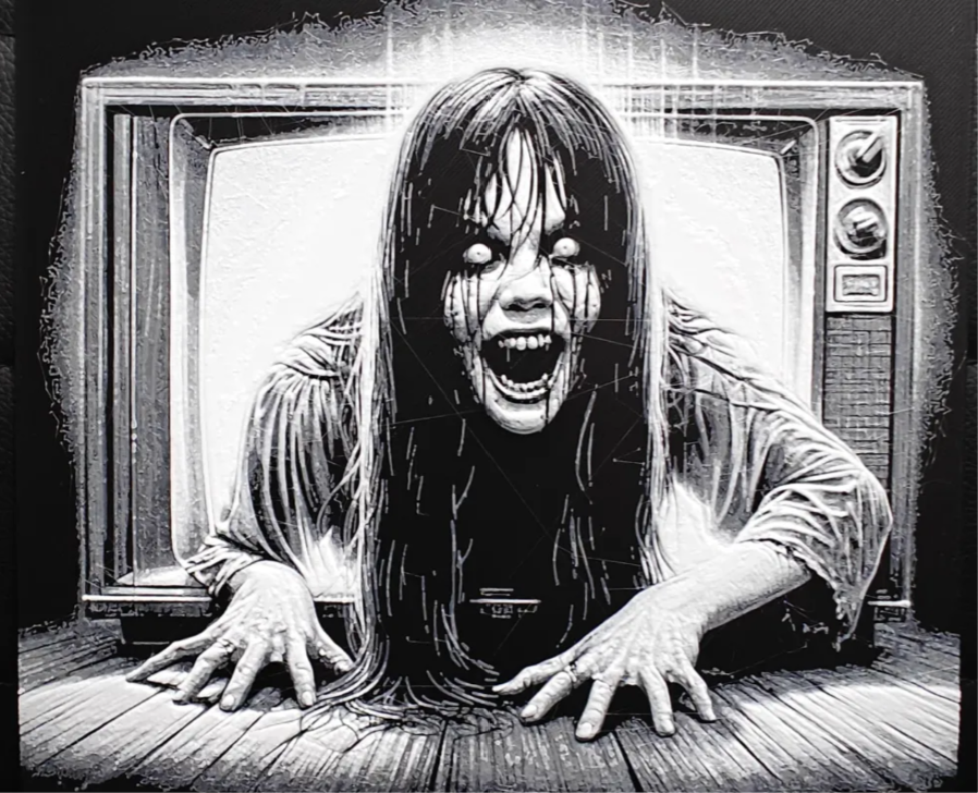 TV ghost horror framed layered 3D art with haunted screen detail