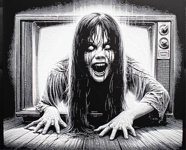 TV ghost horror framed layered 3D art with haunted screen detail