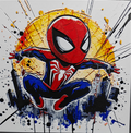 Framed 3D layered art piece visible in image_41fdfe.png featuring a dynamic chibi illustration of a classic red and blue spider hero character with a prominent white spider emblem on his chest, leaping in mid-air against a vibrant abstract background with a large yellow circle, city silhouettes, and paint splatters.