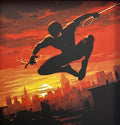 Framed 3D layered art piece featuring a web-slinging hero in a red palette.