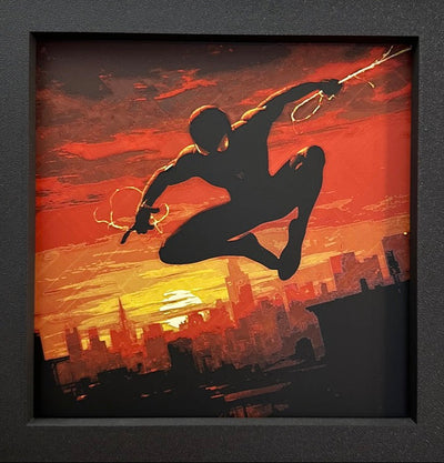 Framed 3D layered art piece featuring a web-slinging hero in a red palette.