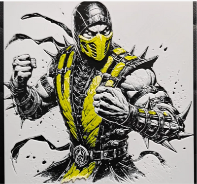 Yellow masked warrior framed layered 3D art with black armor and yellow accents
