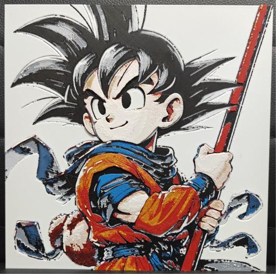 Framed 3D layered art piece featuring a detailed illustration of a young anime warrior character with spiky black hair, wearing a classic orange and blue martial arts uniform while holding a red staff over his shoulder.