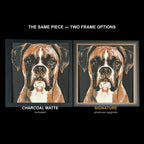 The same WTx3D artwork shown in both frame options, Charcoal Matte beside the Signature premium frame