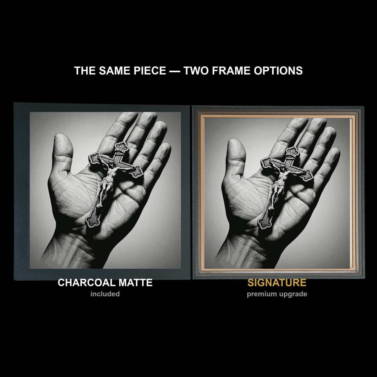 The same WTx3D artwork shown in both frame options, Charcoal Matte beside the Signature premium frame