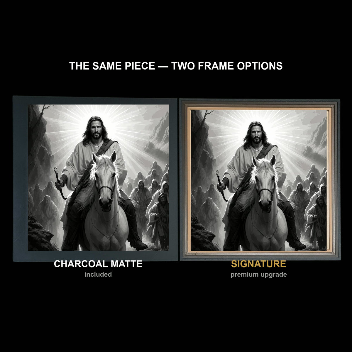 The same WTx3D artwork shown in both frame options, Charcoal Matte beside the Signature premium frame