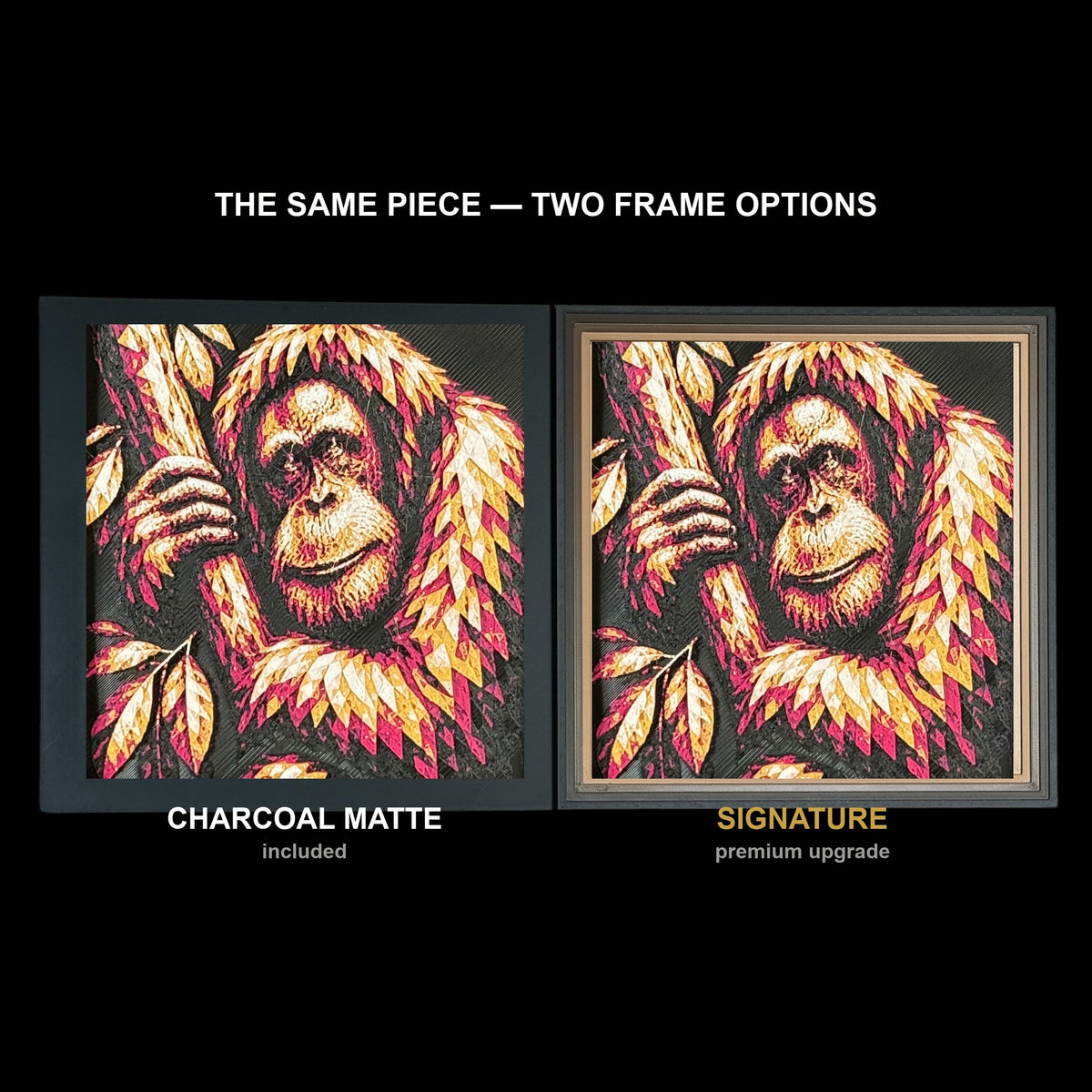 The same WTx3D artwork shown in both frame options, Charcoal Matte beside the Signature premium frame