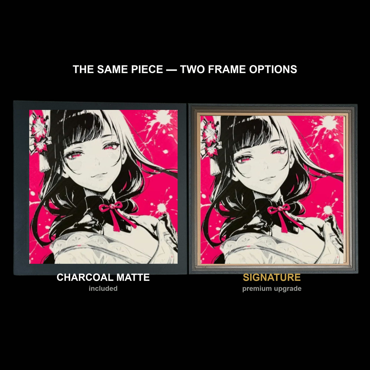 The same WTx3D artwork shown in both frame options, Charcoal Matte beside the Signature premium frame