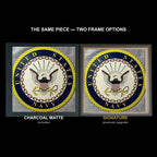 The same WTx3D artwork shown in both frame options, Charcoal Matte beside the Signature premium frame