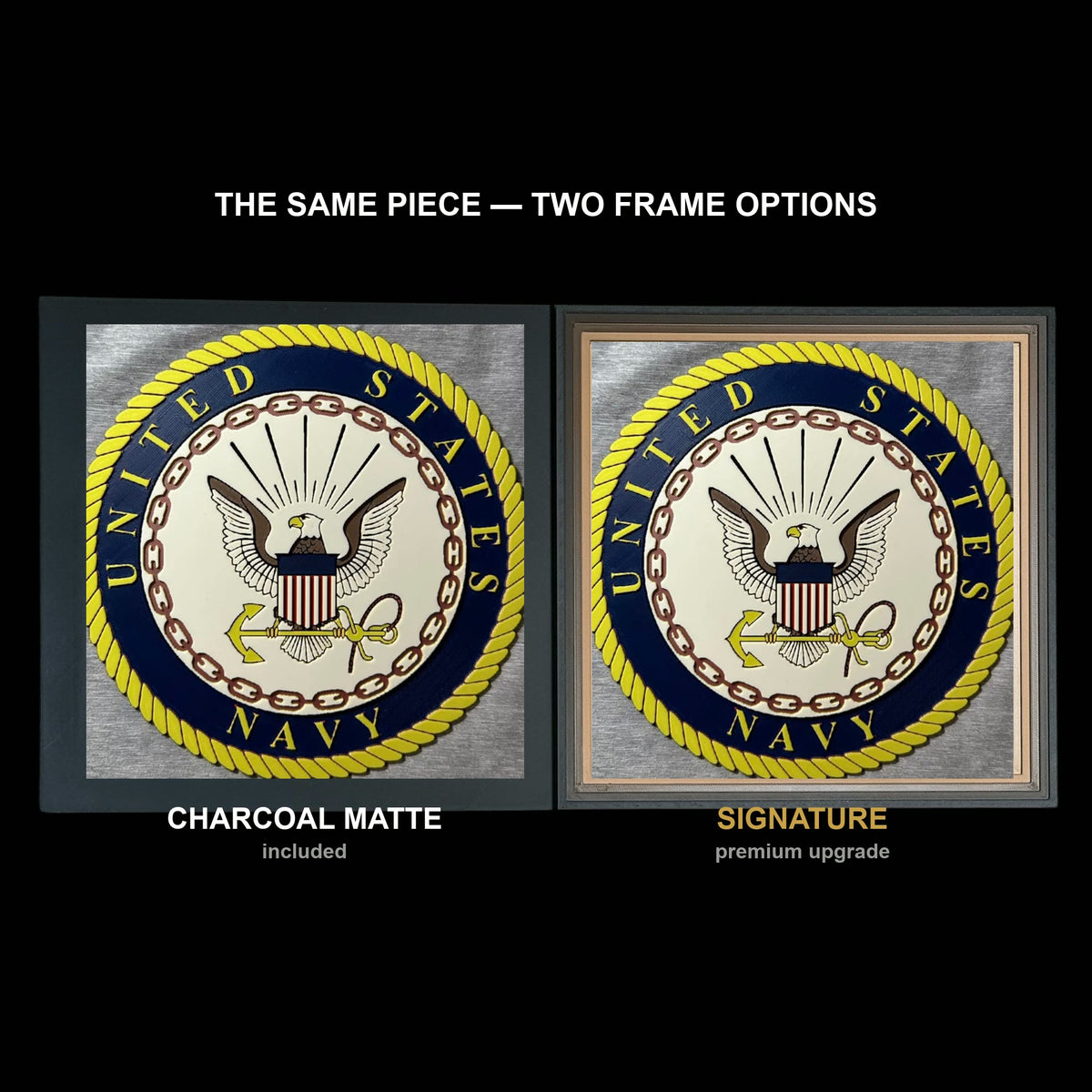 The same WTx3D artwork shown in both frame options, Charcoal Matte beside the Signature premium frame