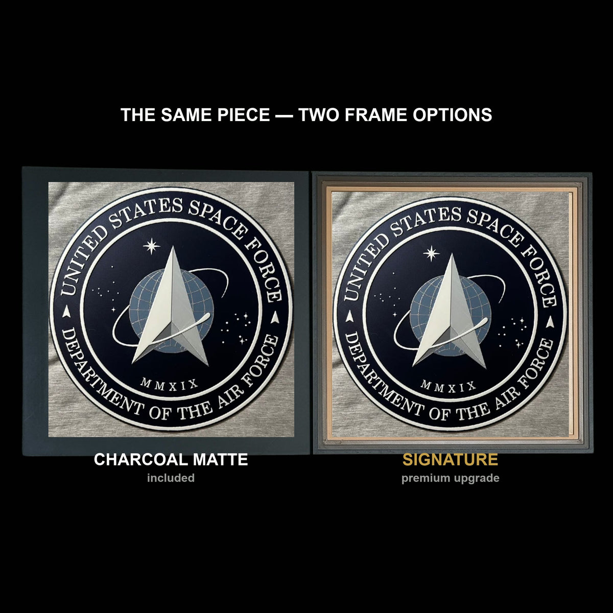 The same WTx3D artwork shown in both frame options, Charcoal Matte beside the Signature premium frame