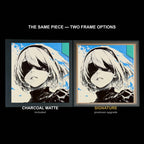 The same WTx3D artwork shown in both frame options, Charcoal Matte beside the Signature premium frame