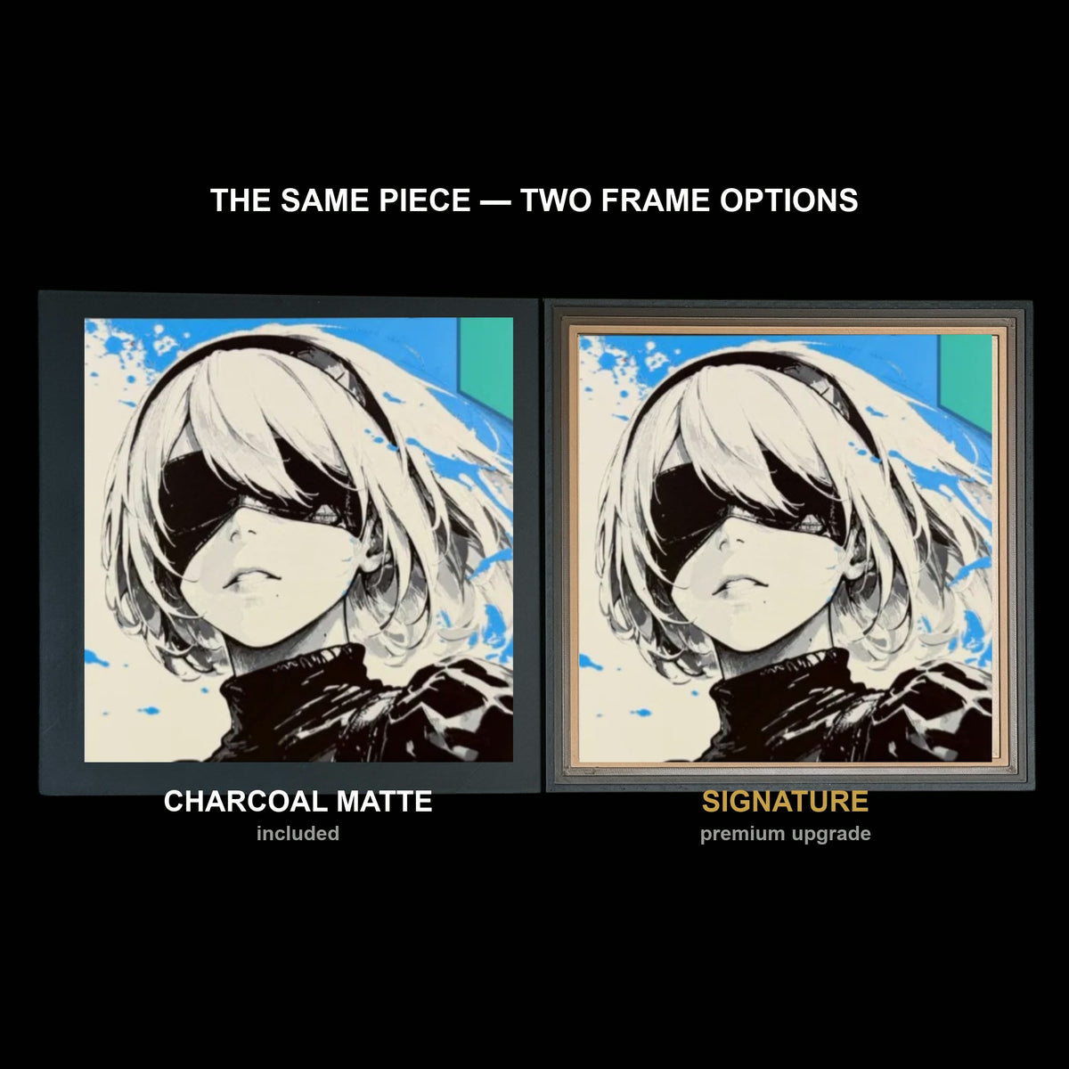 The same WTx3D artwork shown in both frame options, Charcoal Matte beside the Signature premium frame