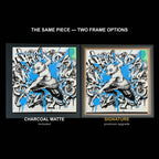 The same WTx3D artwork shown in both frame options, Charcoal Matte beside the Signature premium frame