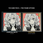 The same WTx3D artwork shown in both frame options, Charcoal Matte beside the Signature premium frame