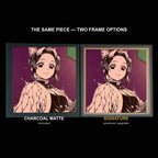 The same WTx3D artwork shown in both frame options, Charcoal Matte beside the Signature premium frame