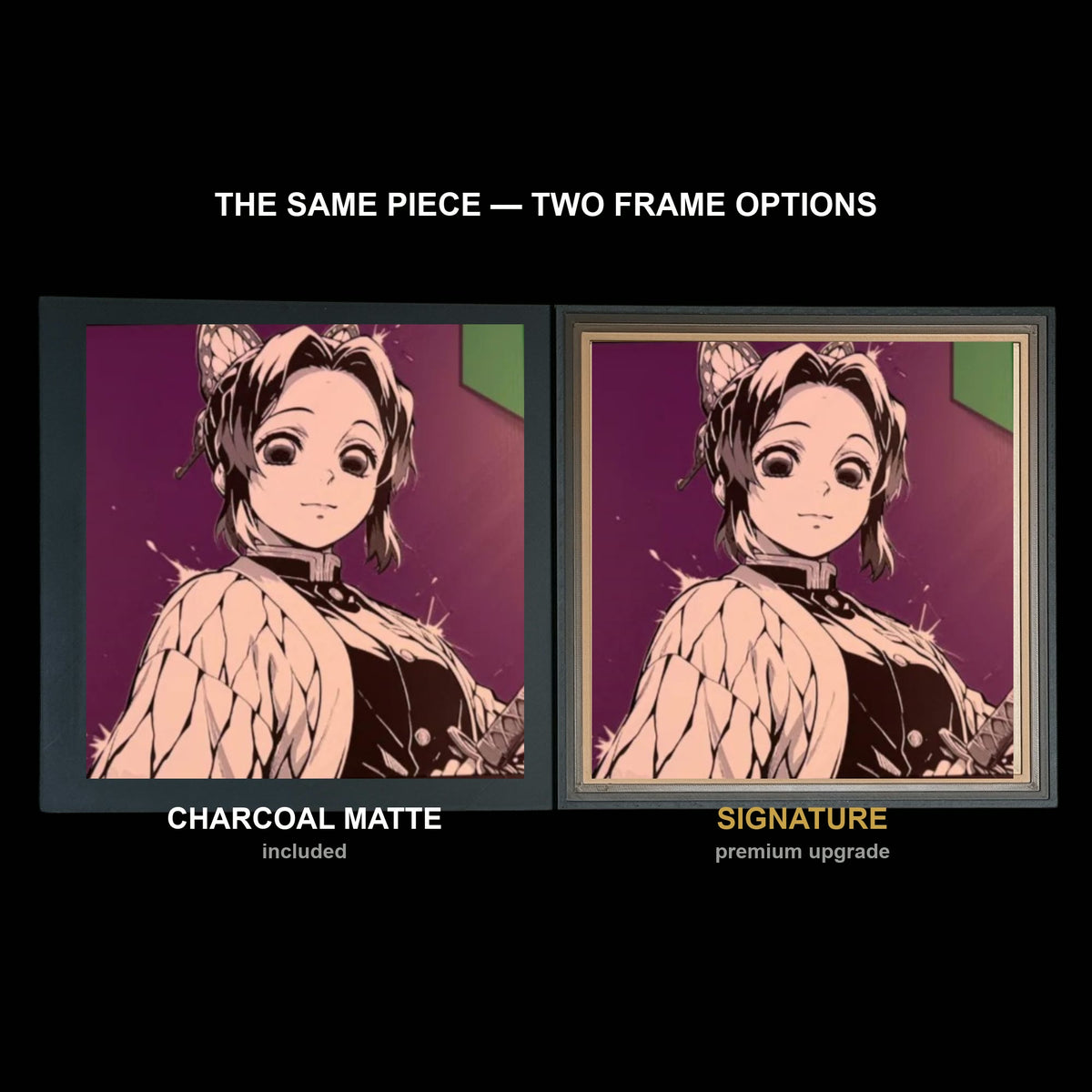 The same WTx3D artwork shown in both frame options, Charcoal Matte beside the Signature premium frame