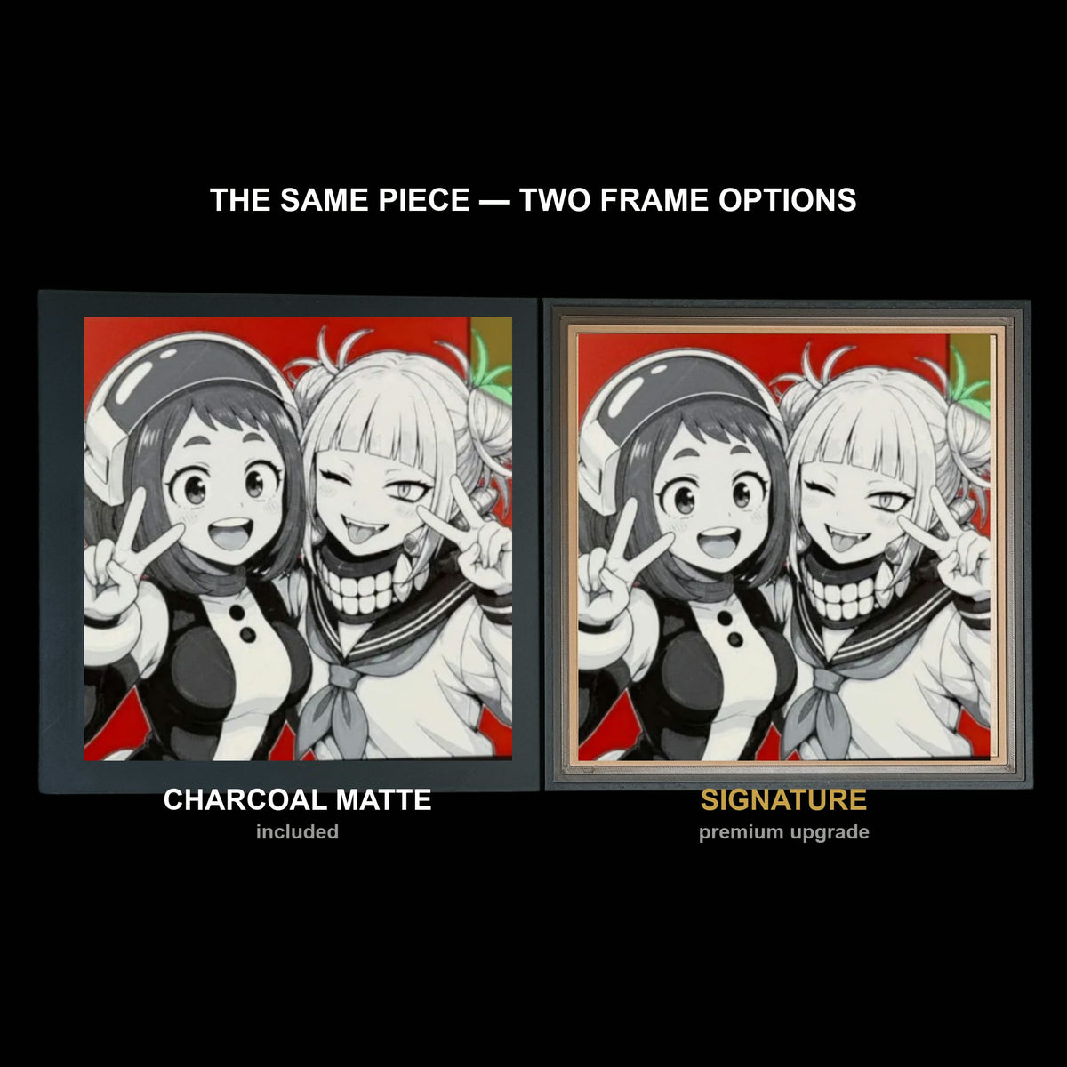 The same WTx3D artwork shown in both frame options, Charcoal Matte beside the Signature premium frame