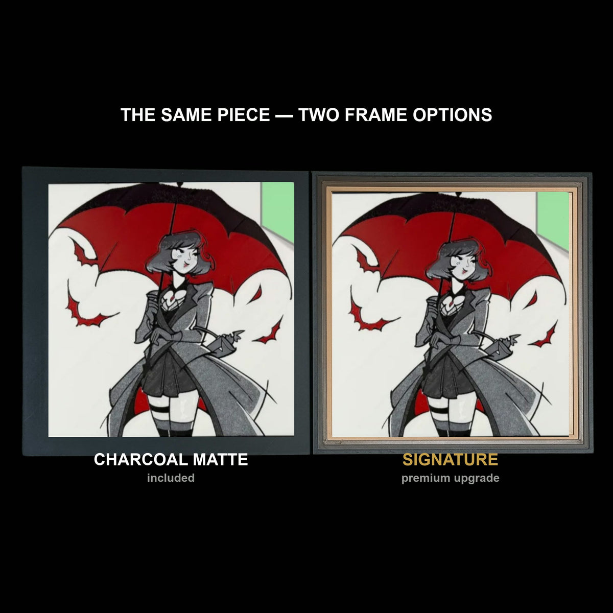 The same WTx3D artwork shown in both frame options, Charcoal Matte beside the Signature premium frame