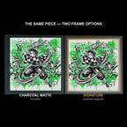 The same WTx3D artwork shown in both frame options, Charcoal Matte beside the Signature premium frame