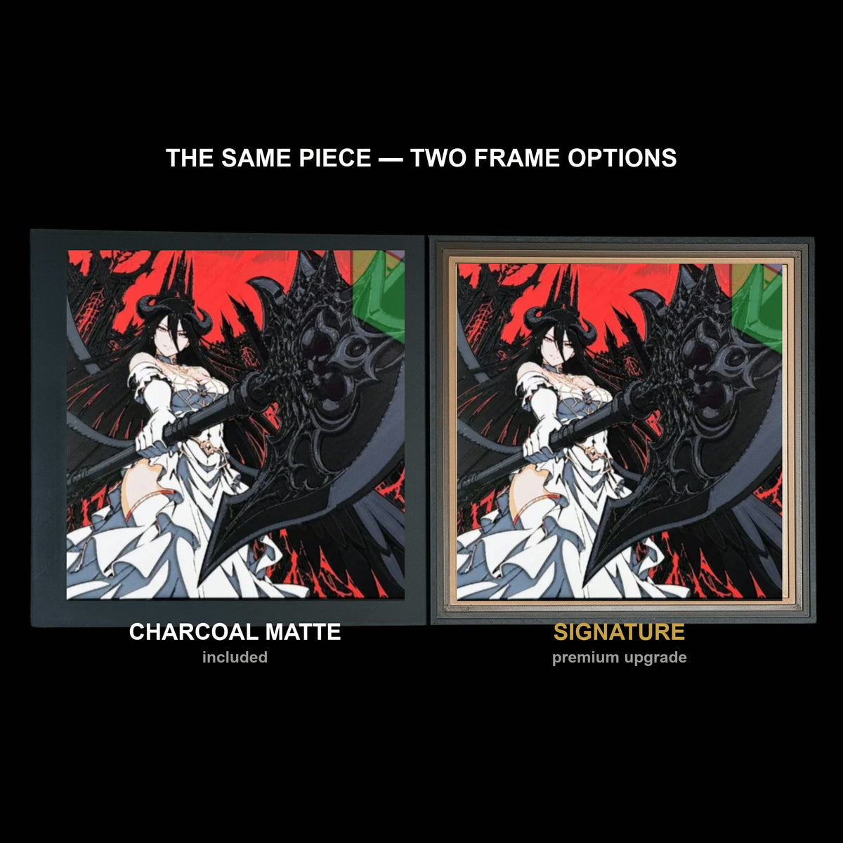 The same WTx3D artwork shown in both frame options, Charcoal Matte beside the Signature premium frame