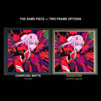The same WTx3D artwork shown in both frame options, Charcoal Matte beside the Signature premium frame